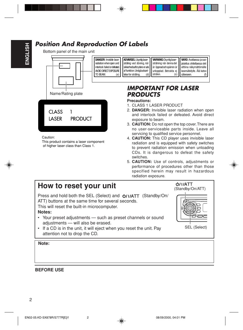 How to reset your unit, Position and reproduction of labels, Important for laser products | JVC FSUN3117-312 KD-S8R User Manual | Page 2 / 46