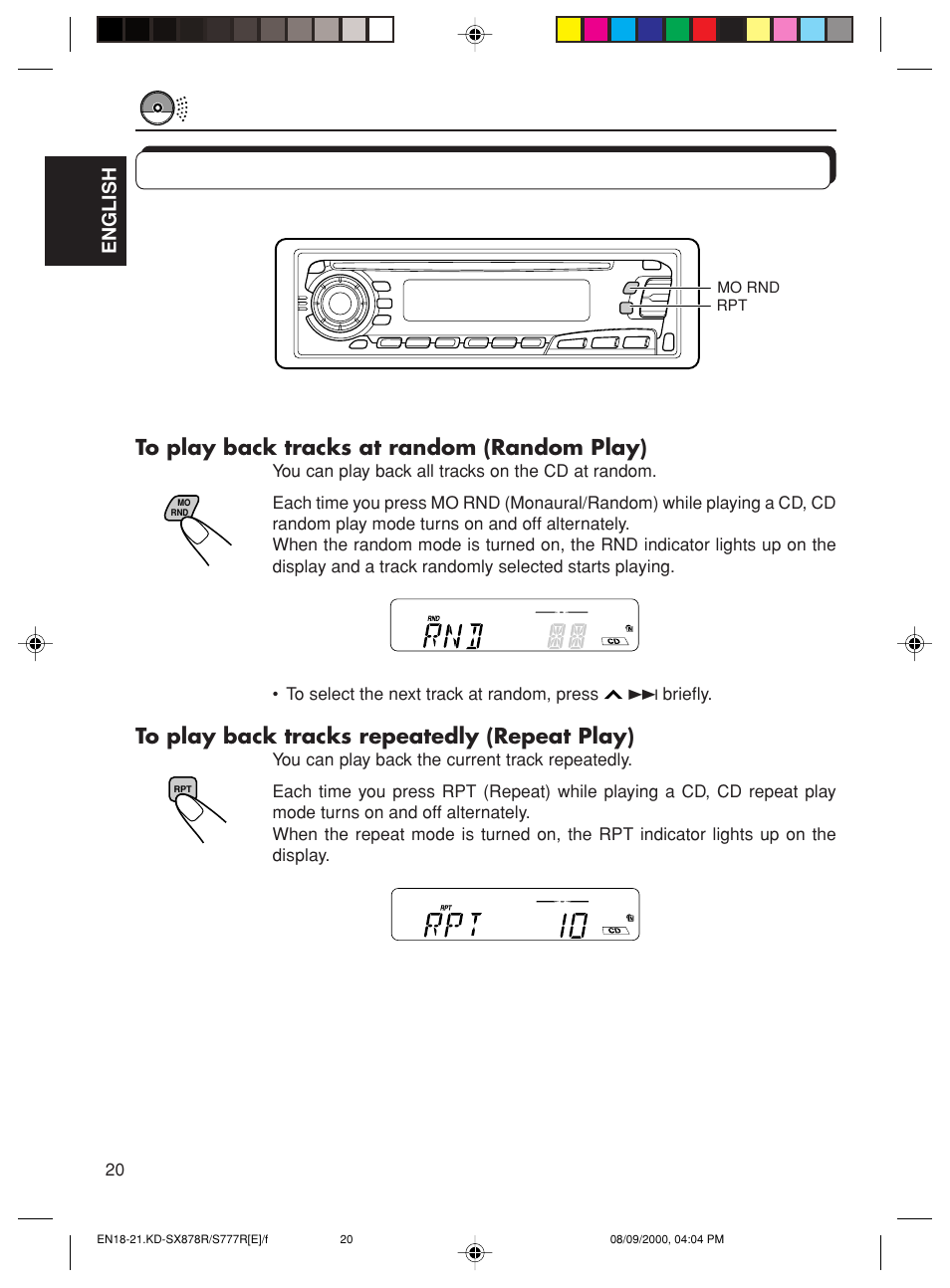 Selecting cd playback modes | JVC FSUN3117-312 KD-S8R User Manual | Page 20 / 46