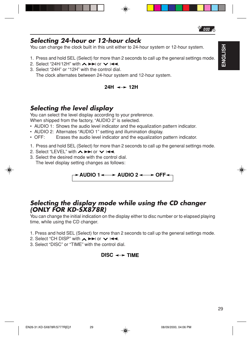 Selecting 24-hour or 12-hour clock, Selecting the level display | JVC FSUN3117-312 KD-S8R User Manual | Page 29 / 46