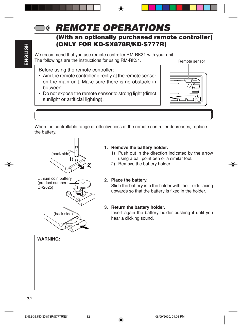 Remote operations, Installing the battery | JVC FSUN3117-312 KD-S8R User Manual | Page 32 / 46