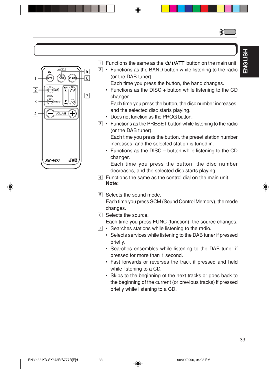 Using the remote controller | JVC FSUN3117-312 KD-S8R User Manual | Page 33 / 46