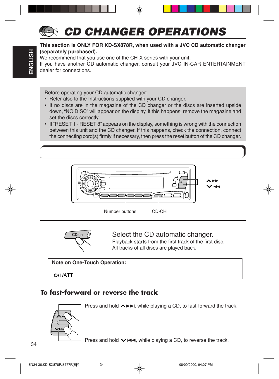 Cd changer operations, Playing cds, Select the cd automatic changer | JVC FSUN3117-312 KD-S8R User Manual | Page 34 / 46