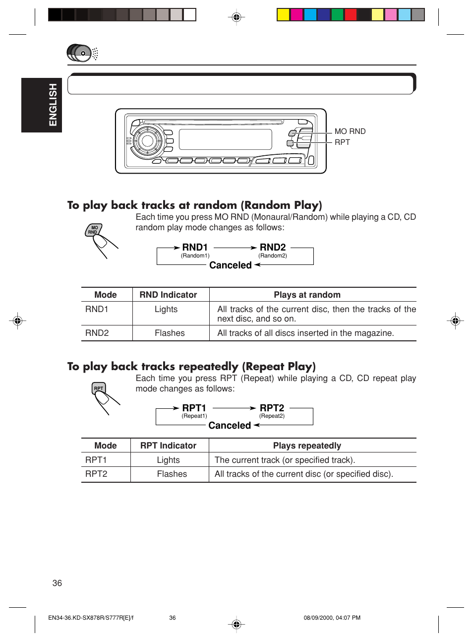 Selecting cd playback modes | JVC FSUN3117-312 KD-S8R User Manual | Page 36 / 46