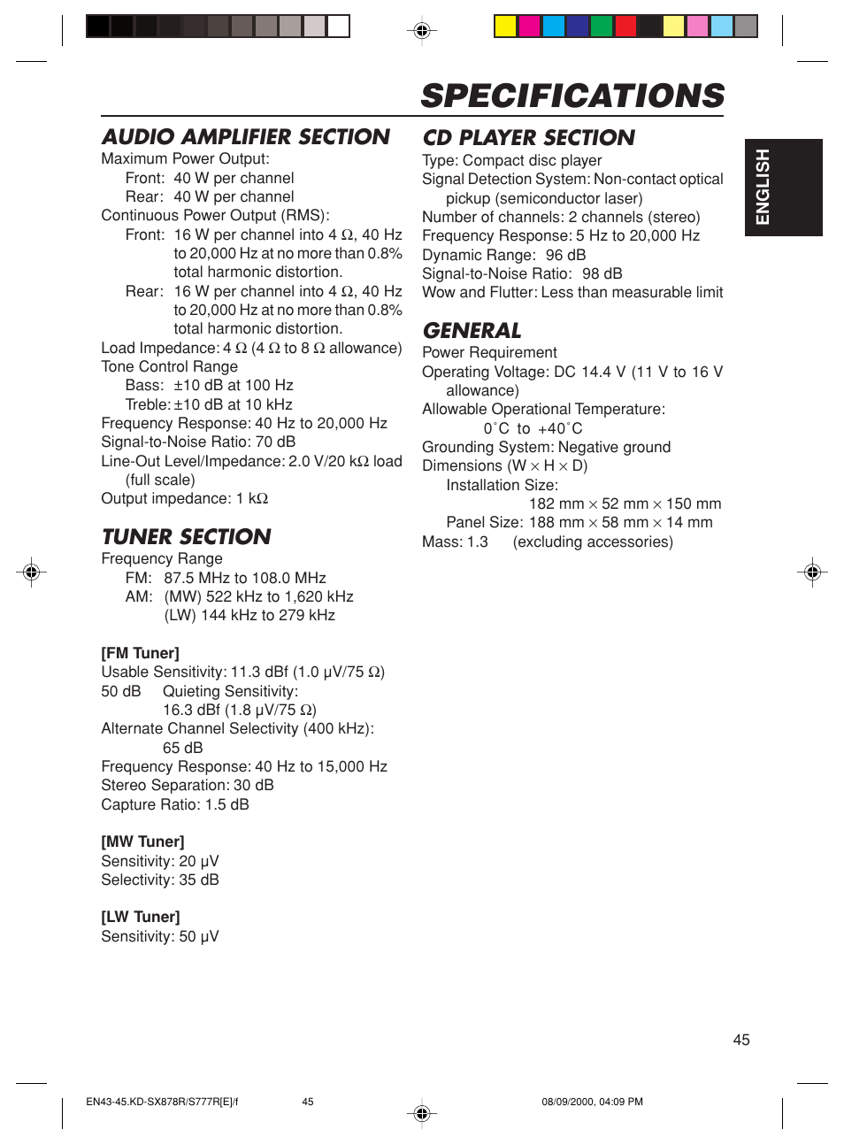 Specifications, General | JVC FSUN3117-312 KD-S8R User Manual | Page 45 / 46