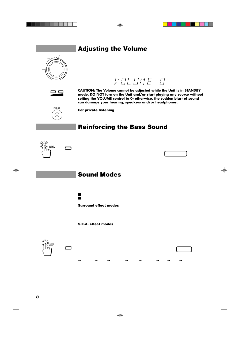 Adjusting the volume, Reinforcing the bass sound, Sound modes | JVC MX-D302T User Manual | Page 10 / 32