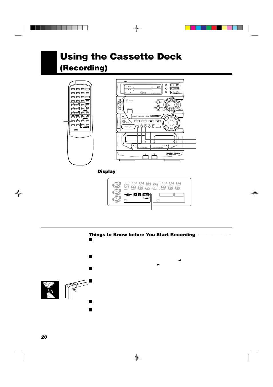 Using the cassette deck, Recording), Things to know before you start recording | Display, Cd rec start rec start/stop dubbing, Rec pause | JVC MX-D302T User Manual | Page 22 / 32