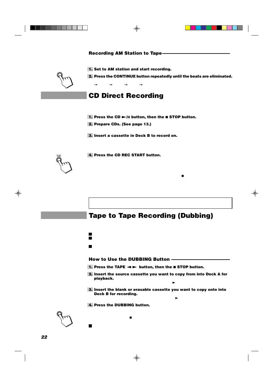 Cd direct recording, Tape to tape recording (dubbing) | JVC MX-D302T User Manual | Page 24 / 32