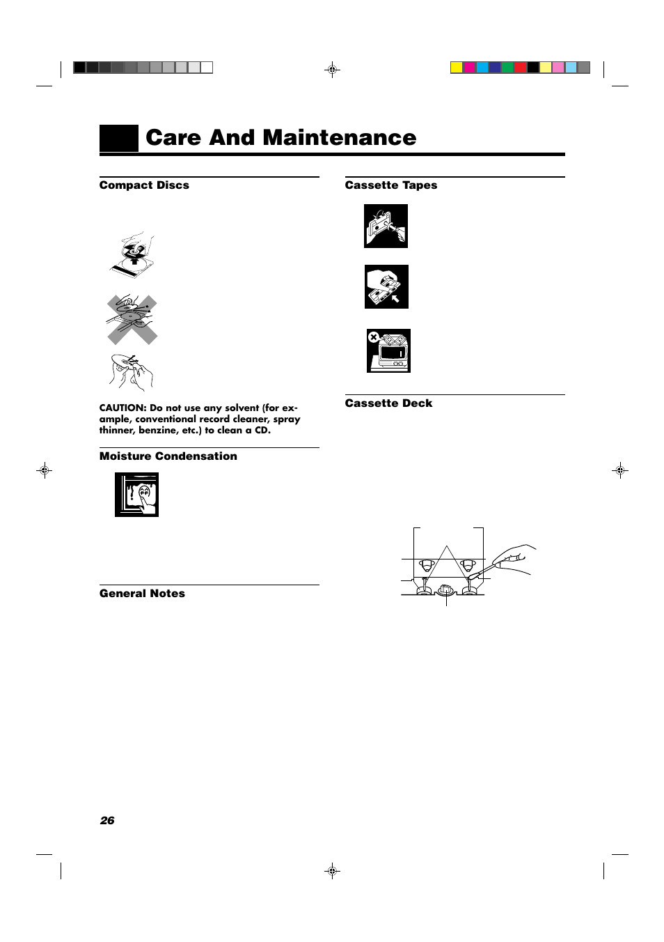 Care and maintenance, Compact discs, Moisture condensation | Cassette tapes, Cassette deck | JVC MX-D302T User Manual | Page 28 / 32