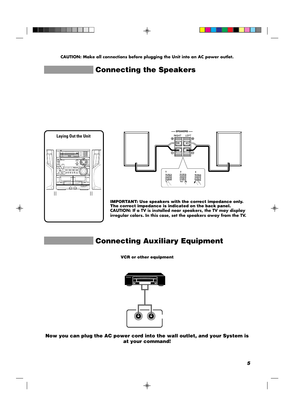 Connecting the speakers, Connecting auxiliary equipment | JVC MX-D302T User Manual | Page 7 / 32