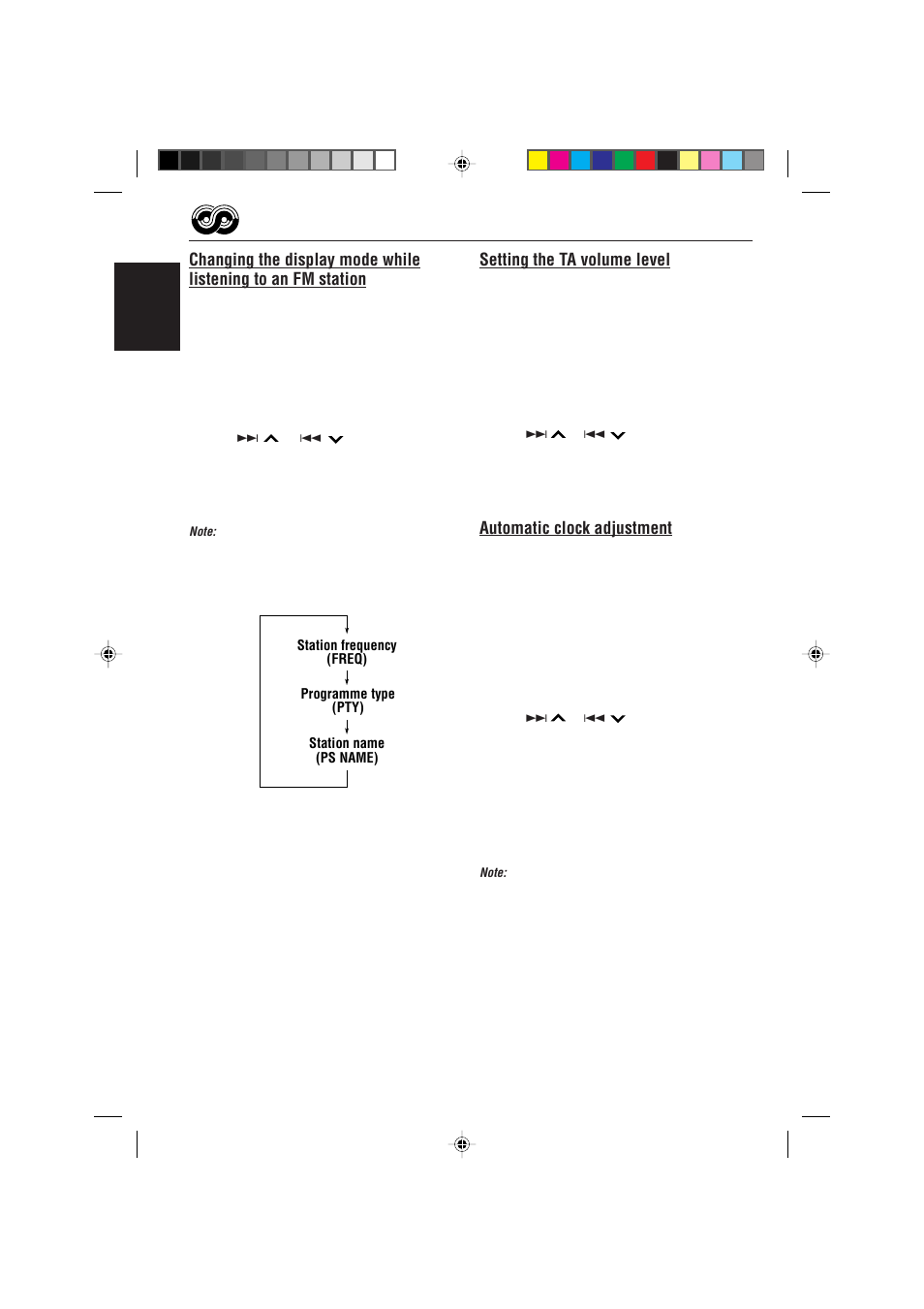 Setting the ta volume level, Automatic clock adjustment | JVC KS-FX822R EN User Manual | Page 14 / 40