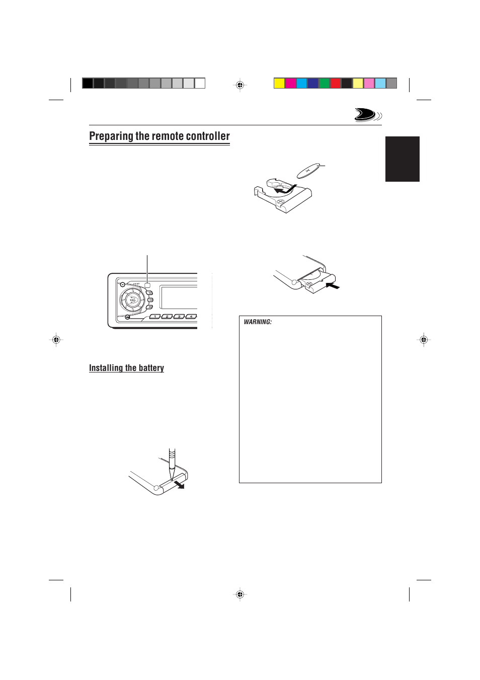 Preparing the remote controller, Installing the battery, English | JVC KS-FX822R EN User Manual | Page 5 / 40