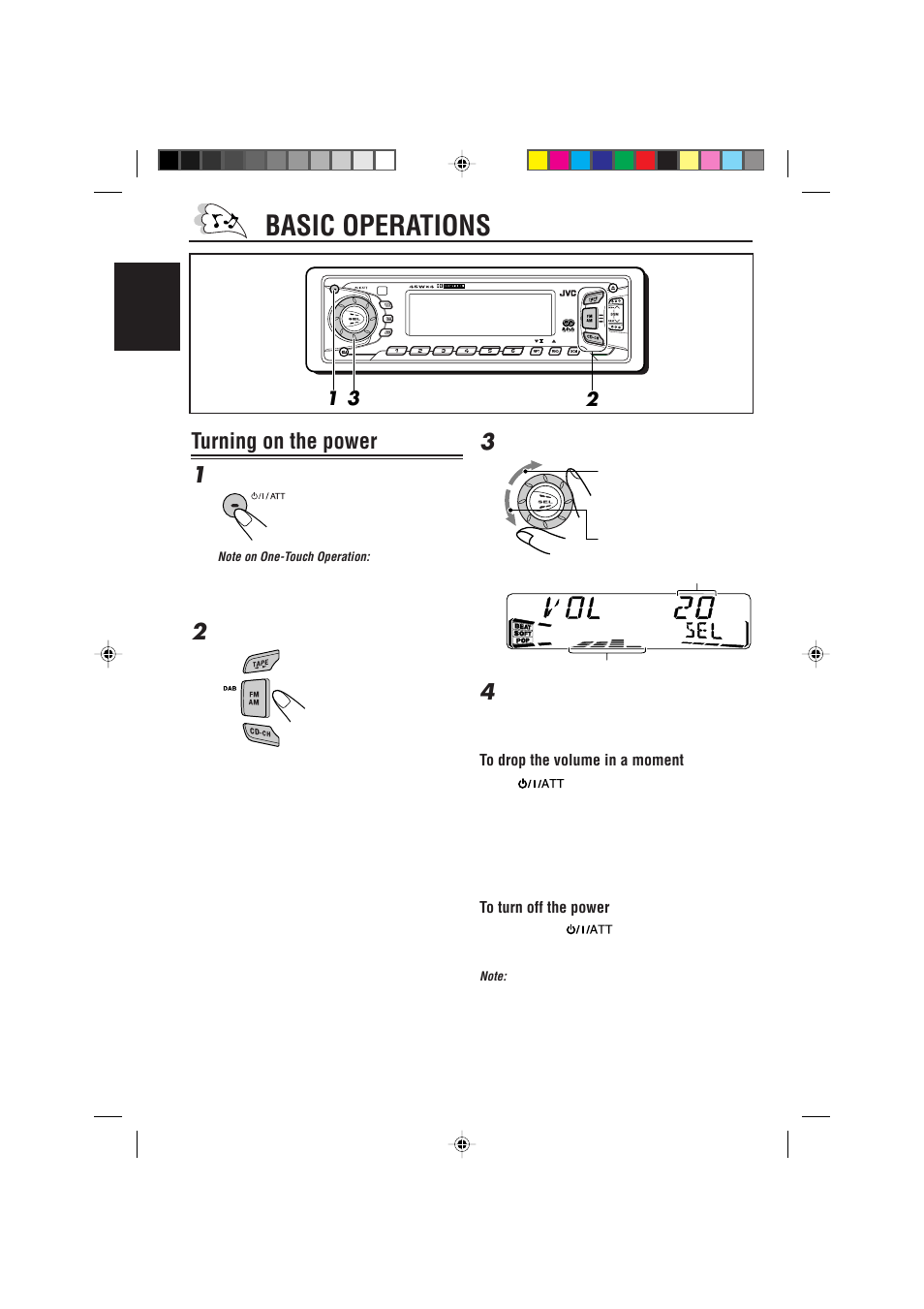 Basic operations, Turning on the power 1, English | JVC KS-FX822R EN User Manual | Page 6 / 40