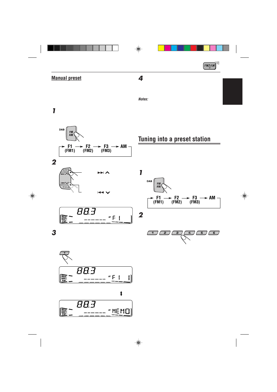 Tuning into a preset station, Manual preset | JVC KS-FX822R EN User Manual | Page 9 / 40