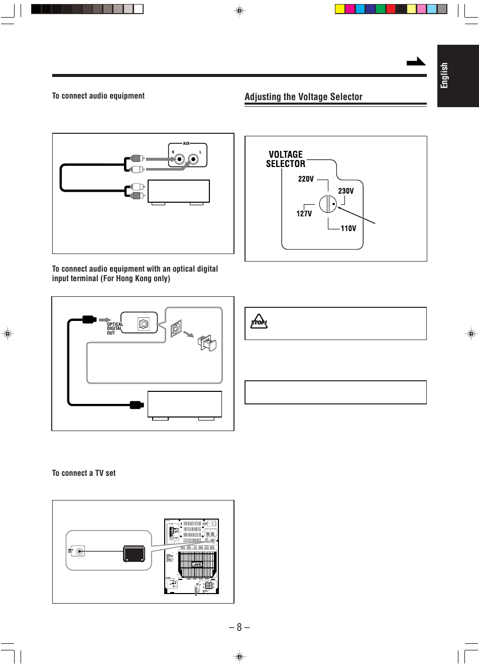 Now, you can plug the ac power cord, Adjusting the voltage selector, English | JVC A-UXP38V User Manual | Page 11 / 30