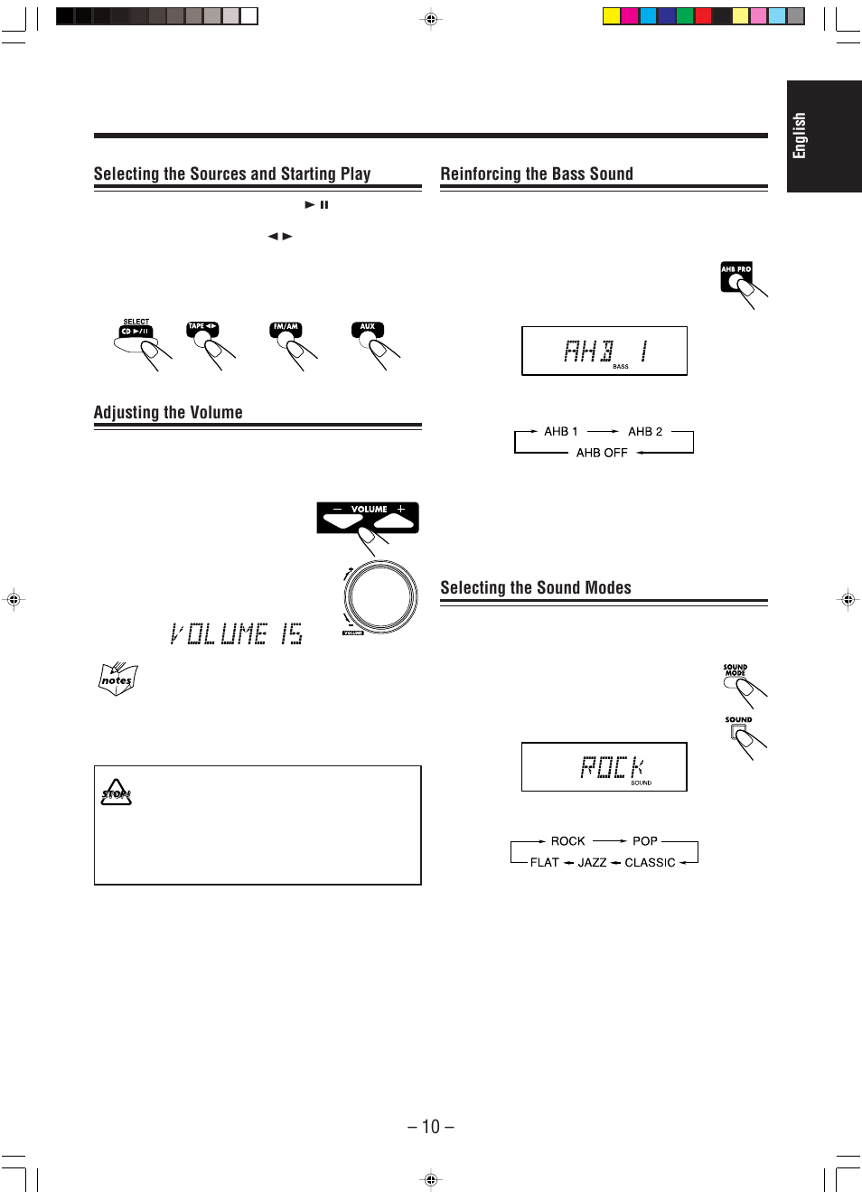 Selecting the sources and starting play, Adjusting the volume, Reinforcing the bass sound | Selecting the sound modes | JVC A-UXP38V User Manual | Page 13 / 30