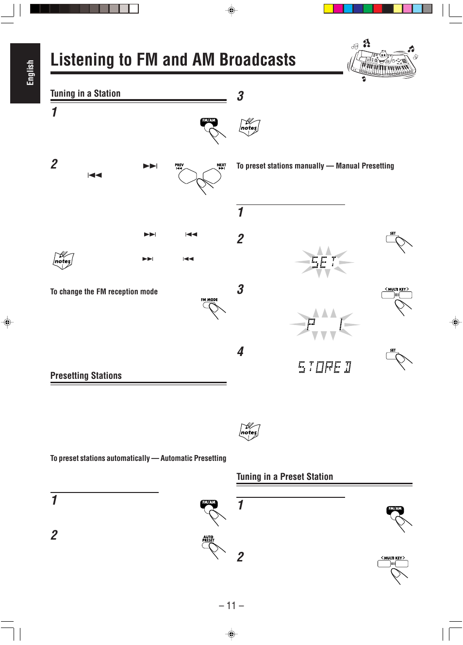 Listening to fm and am broadcasts | JVC A-UXP38V User Manual | Page 14 / 30