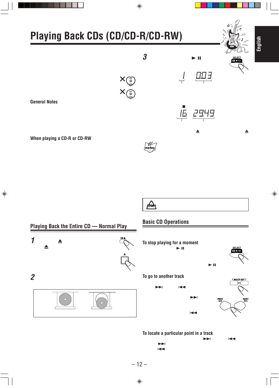 Playing back cds (cd/cd-r/cd-rw), Basic cd operations, Playing back the entire cd — normal play | JVC A-UXP38V User Manual | Page 15 / 30