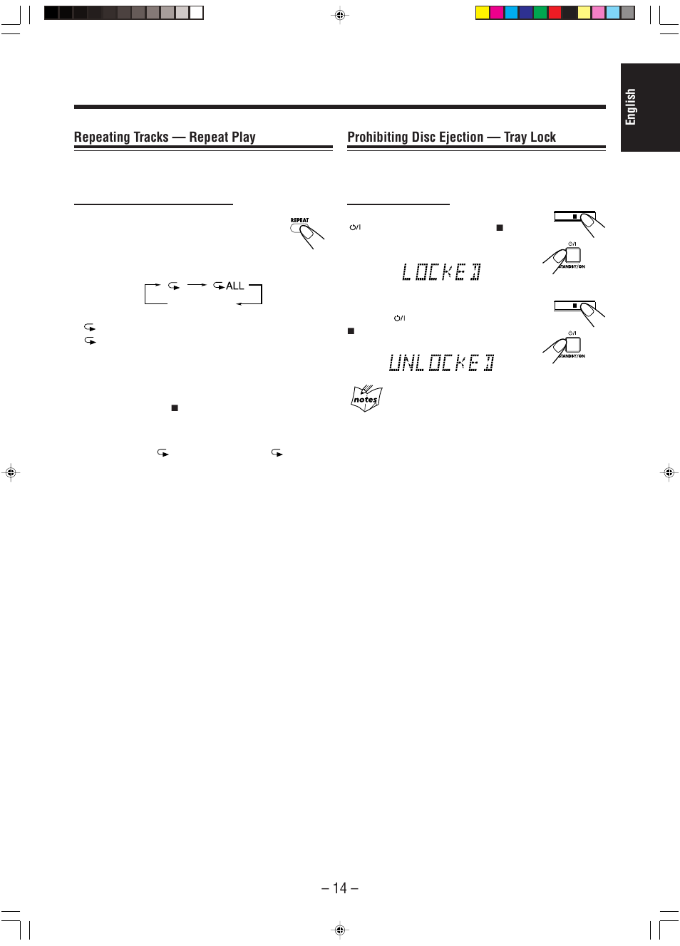 Repeating tracks — repeat play, Prohibiting disc ejection — tray lock | JVC A-UXP38V User Manual | Page 17 / 30