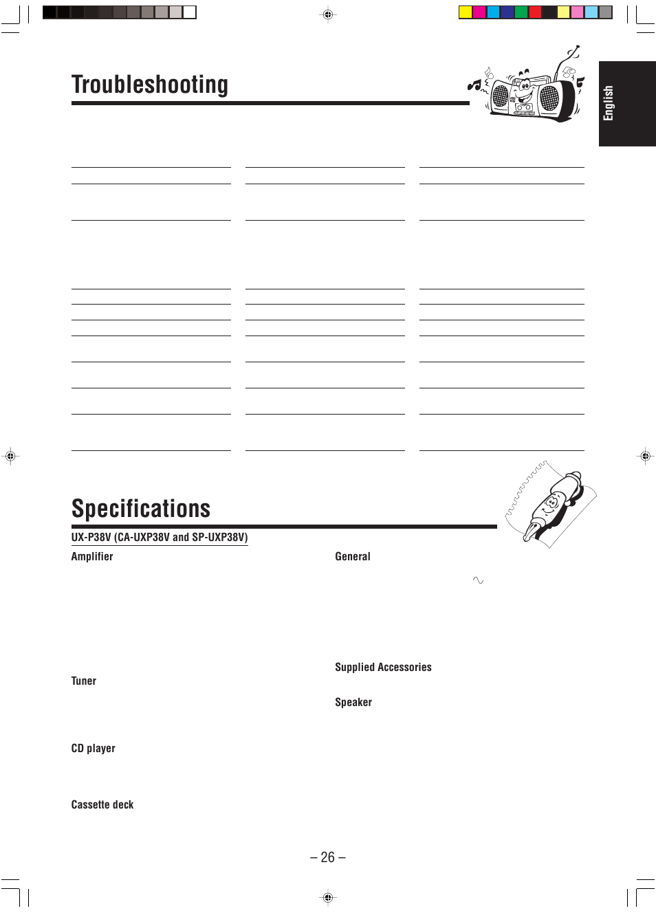 Troubleshooting, Specifications, English | JVC A-UXP38V User Manual | Page 29 / 30