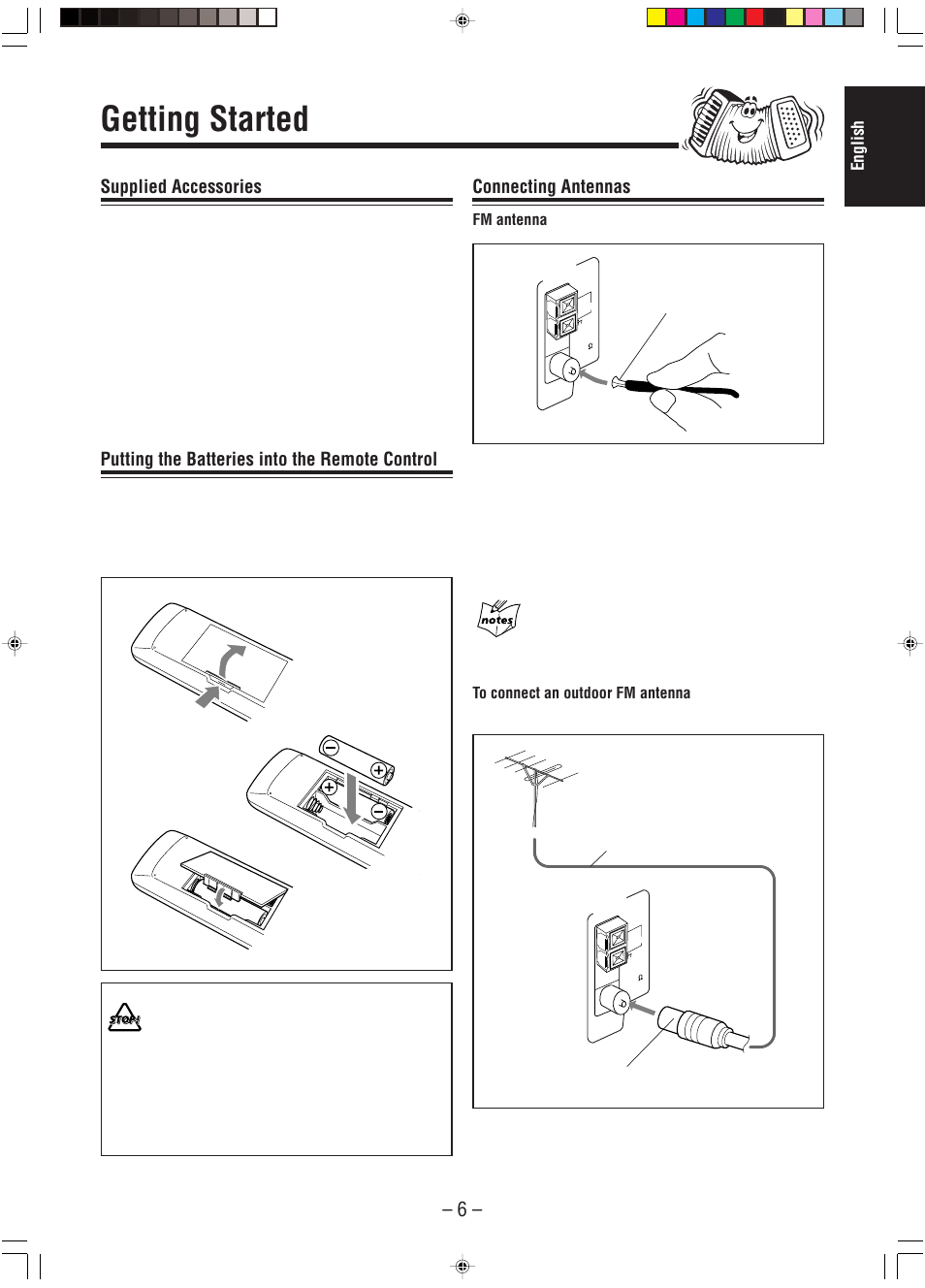 Getting started, Supplied accessories, Putting the batteries into the remote control | Connecting antennas | JVC A-UXP38V User Manual | Page 9 / 30