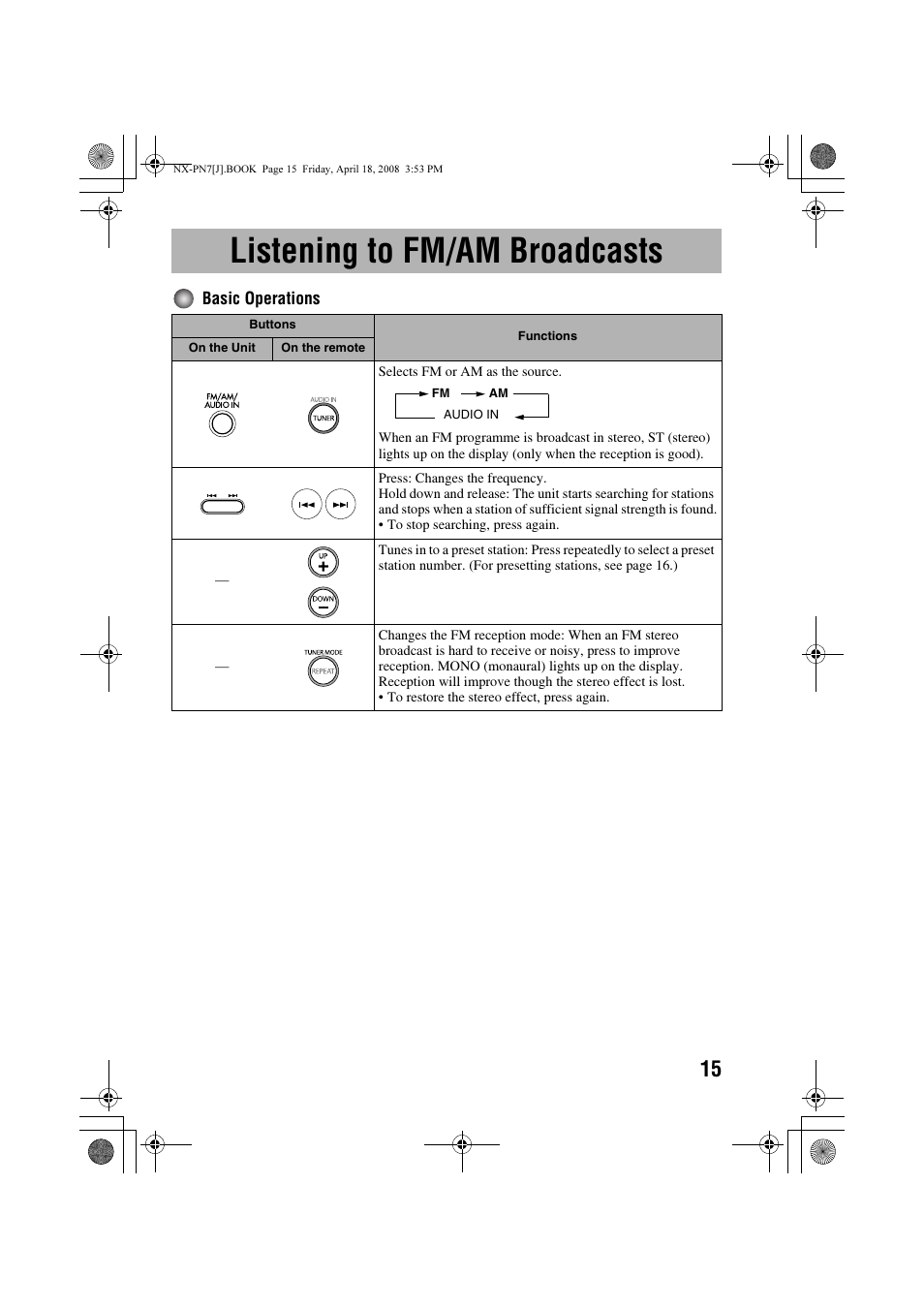 Listening to fm/am broadcasts | JVC NX-PN7 User Manual | Page 19 / 29