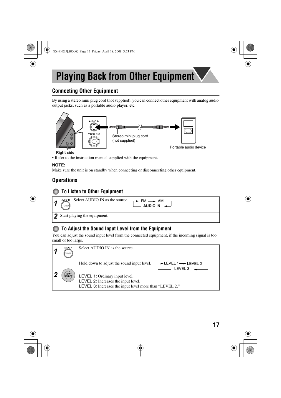 Playing back from other equipment, Connecting other equipment, Operations | JVC NX-PN7 User Manual | Page 21 / 29