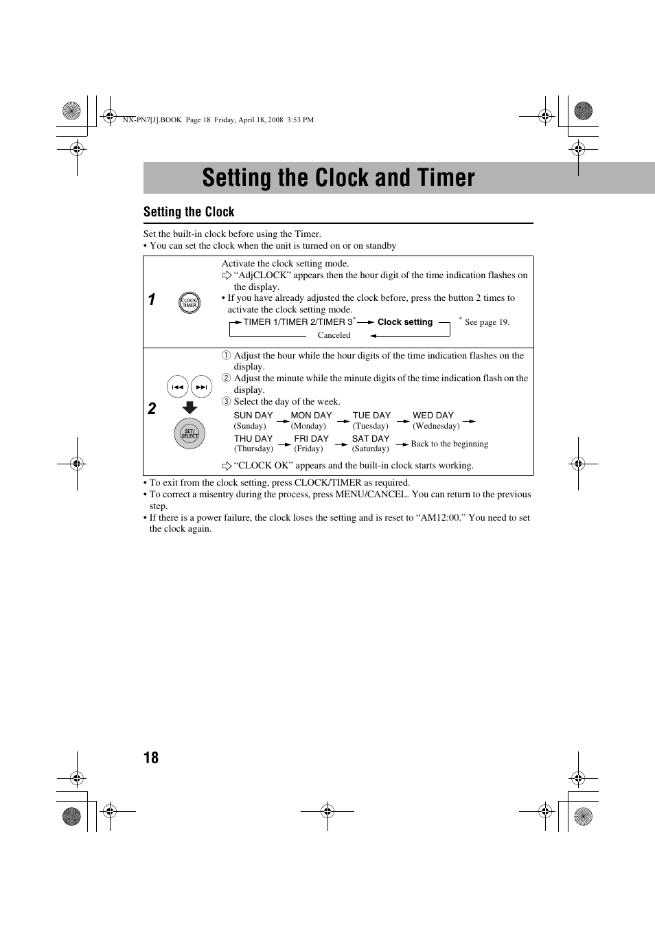 Setting the clock and timer, Setting the clock | JVC NX-PN7 User Manual | Page 22 / 29