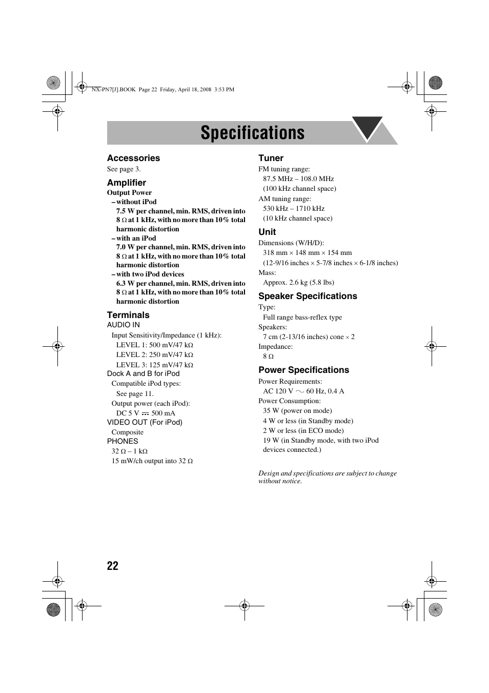 Specifications | JVC NX-PN7 User Manual | Page 26 / 29
