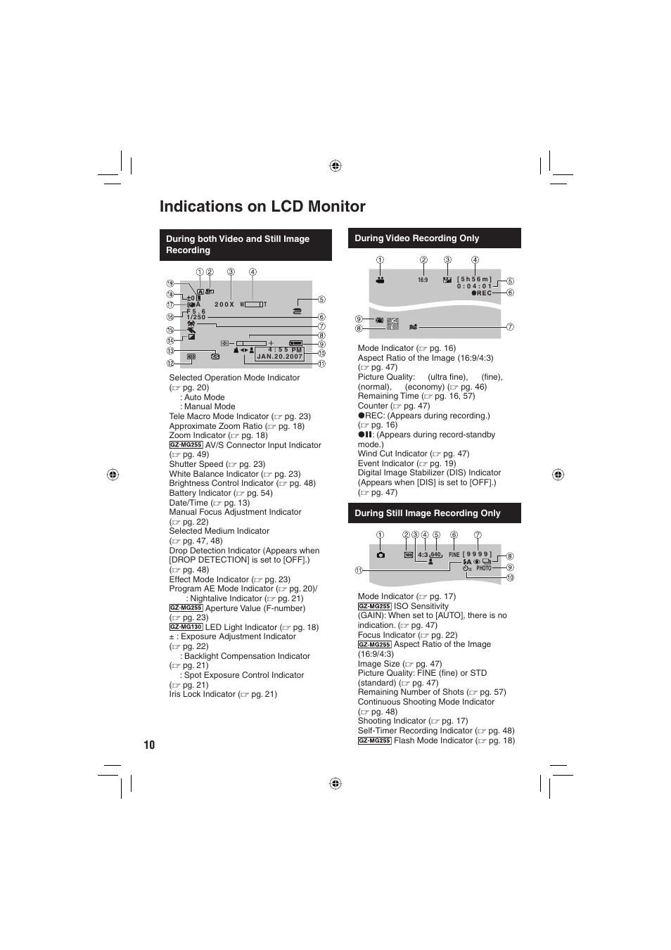 Indications on lcd monitor | JVC Everio GZ-MG255U User Manual | Page 10 / 60