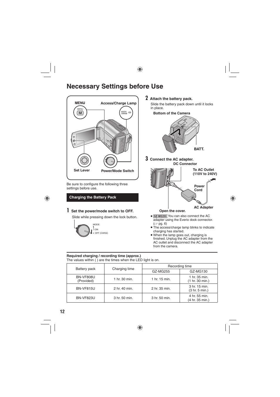 Necessary settings before use | JVC Everio GZ-MG255U User Manual | Page 12 / 60
