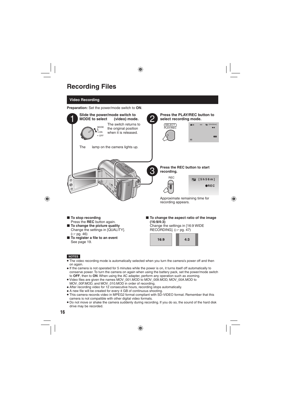 Recording files | JVC Everio GZ-MG255U User Manual | Page 16 / 60