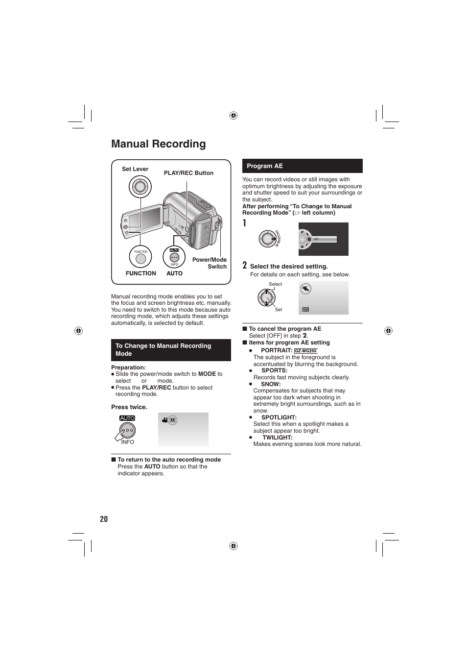 Manual recording | JVC Everio GZ-MG255U User Manual | Page 20 / 60