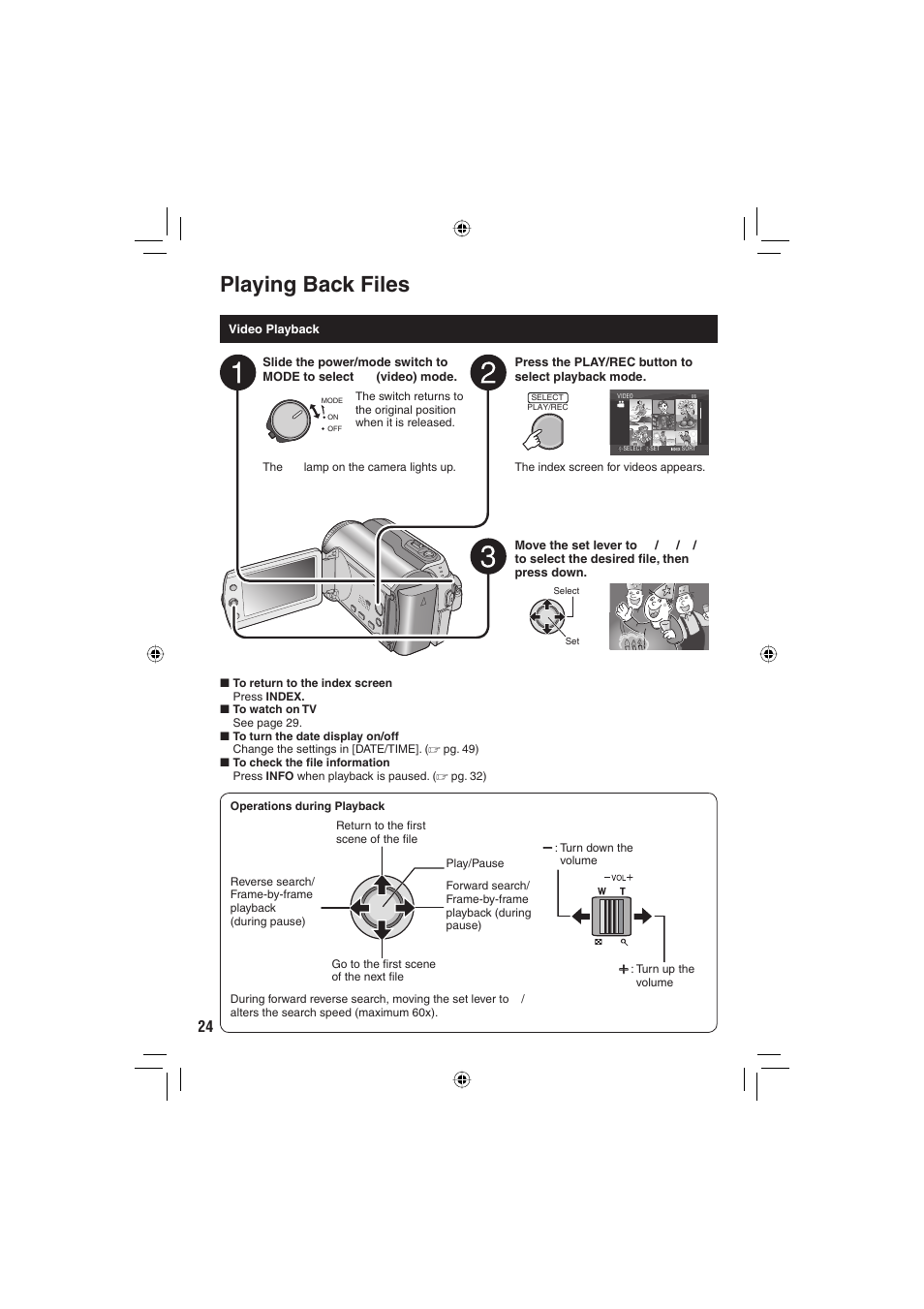 Playing back files | JVC Everio GZ-MG255U User Manual | Page 24 / 60