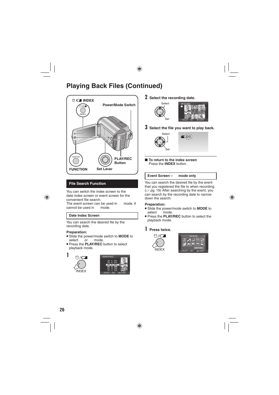 Playing back files (continued) | JVC Everio GZ-MG255U User Manual | Page 26 / 60