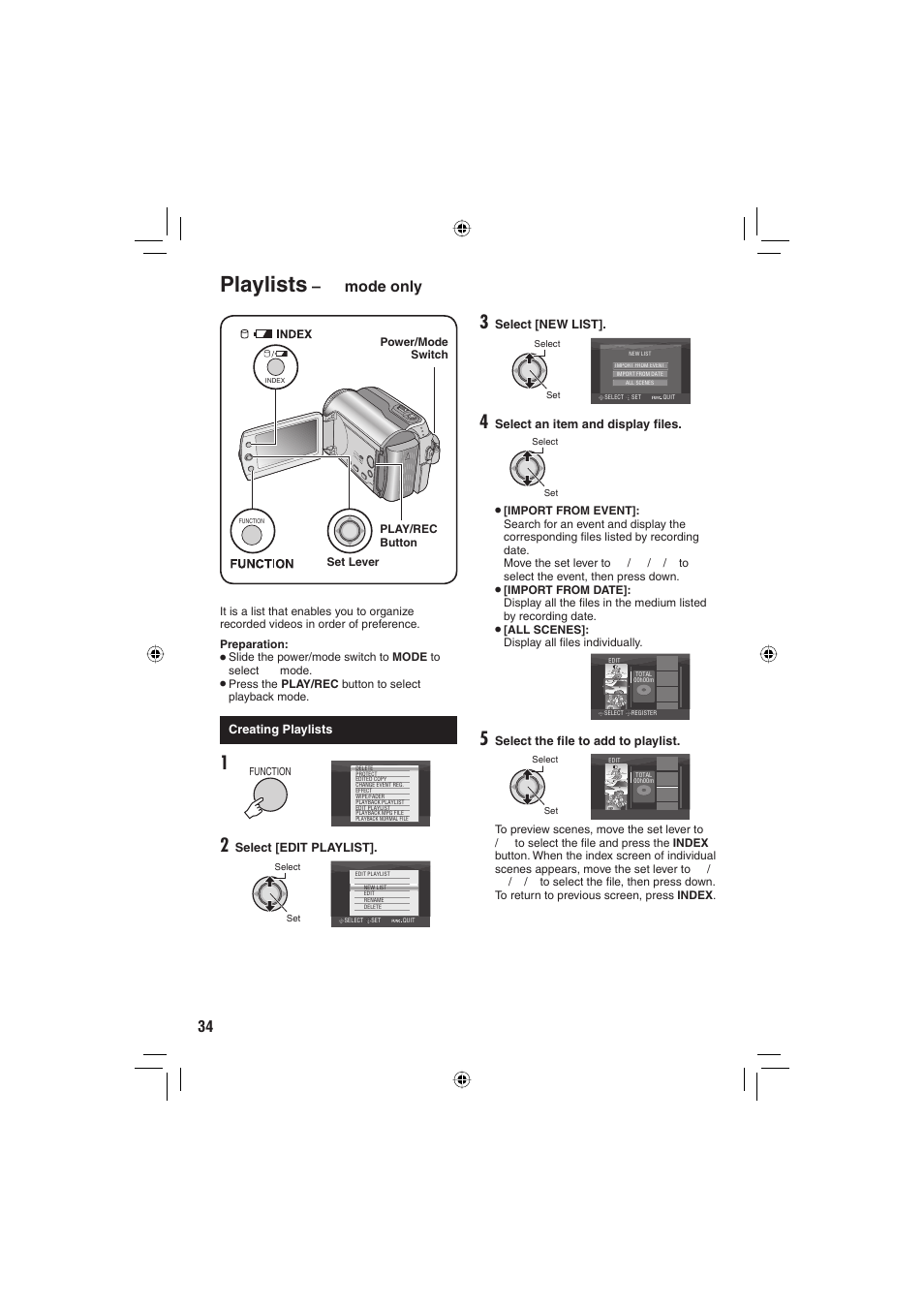 Playlists, Mode only | JVC Everio GZ-MG255U User Manual | Page 34 / 60
