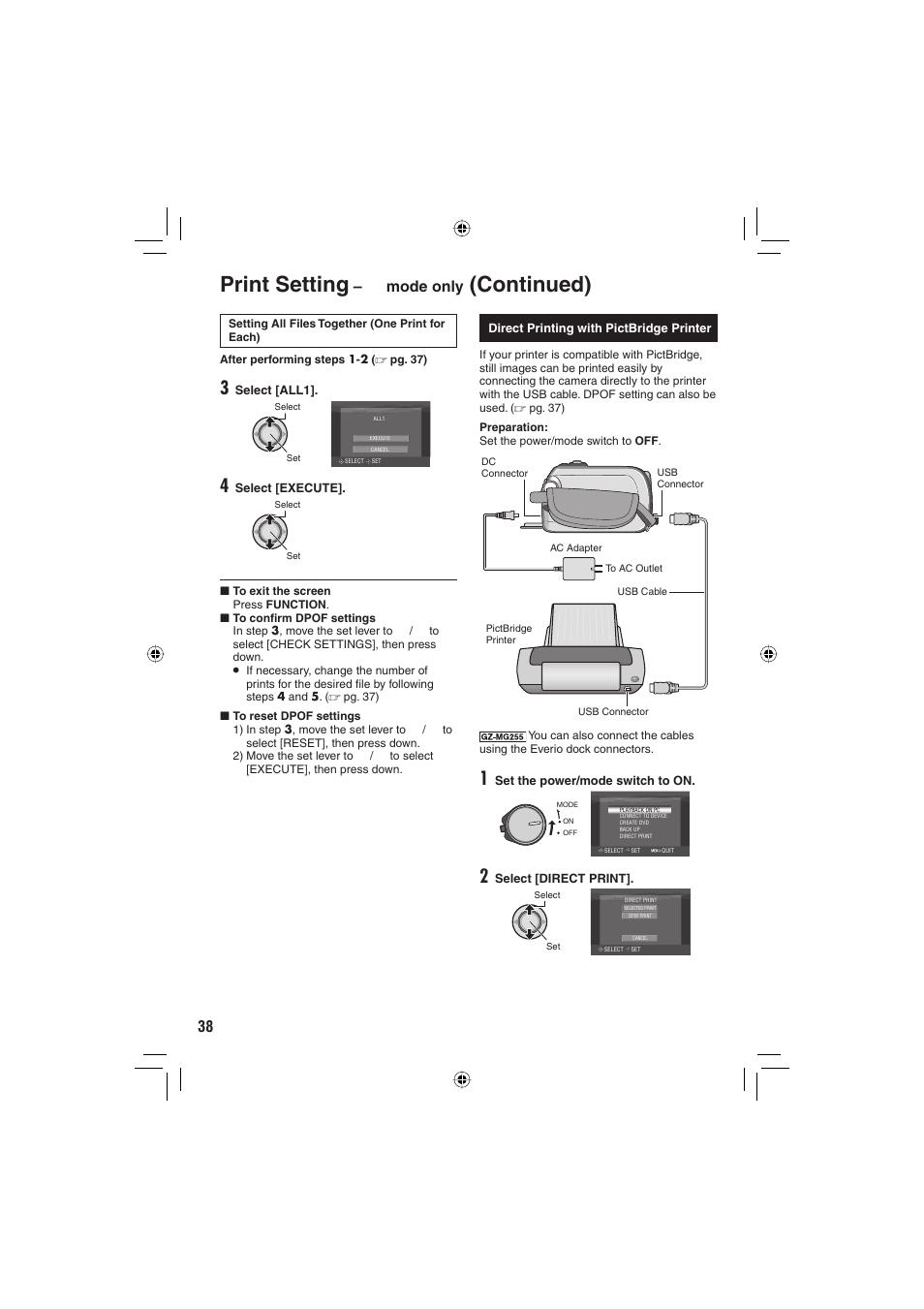 Print setting, Continued), Mode only | JVC Everio GZ-MG255U User Manual | Page 38 / 60