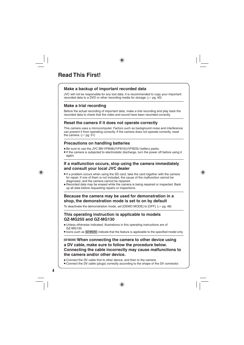 Read this first | JVC Everio GZ-MG255U User Manual | Page 4 / 60