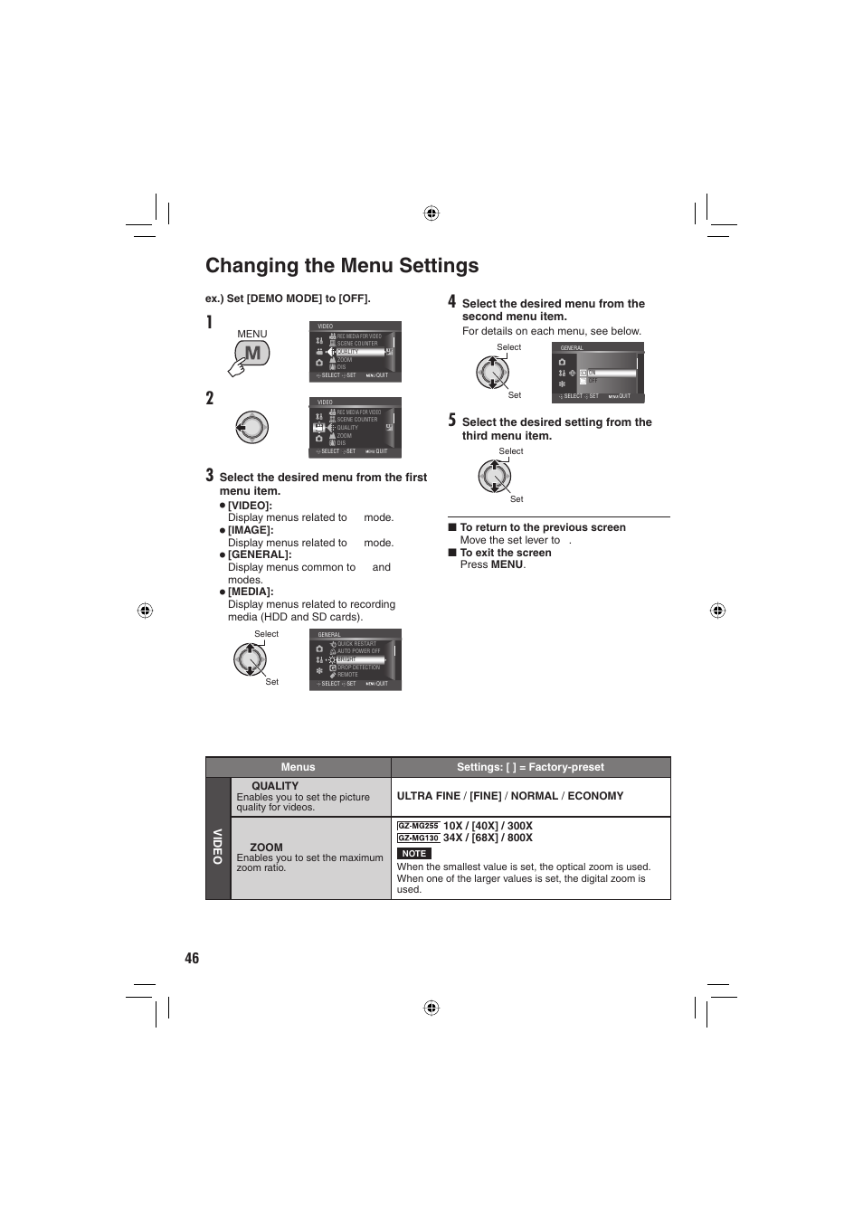 Changing the menu settings | JVC Everio GZ-MG255U User Manual | Page 46 / 60
