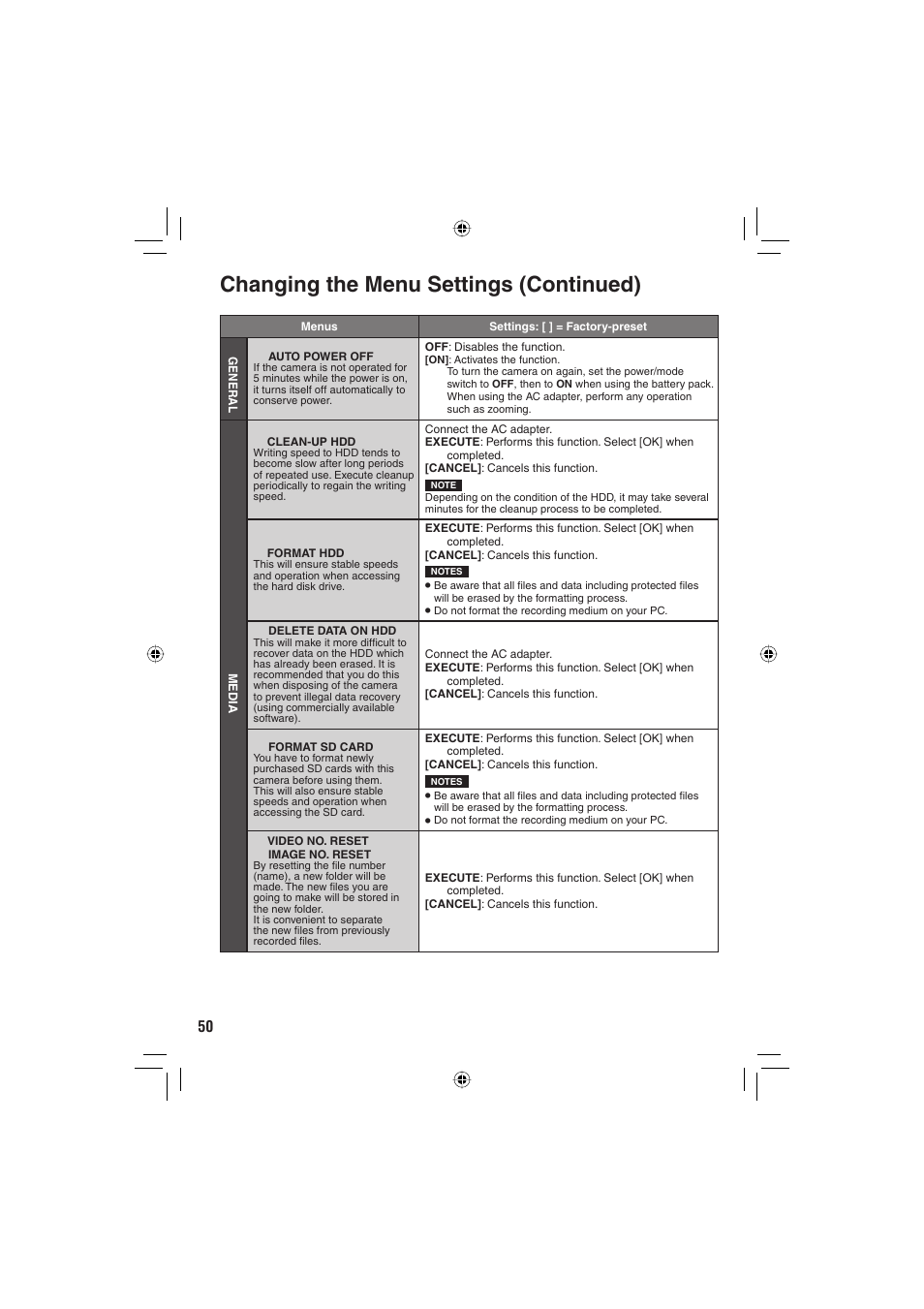 Changing the menu settings (continued) | JVC Everio GZ-MG255U User Manual | Page 50 / 60