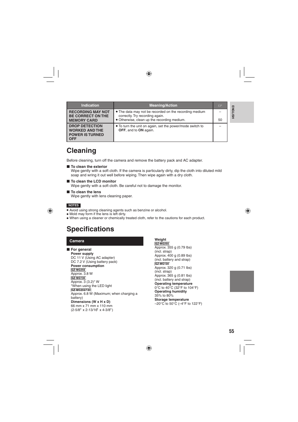 Cleaning, Specifi cations | JVC Everio GZ-MG255U User Manual | Page 55 / 60