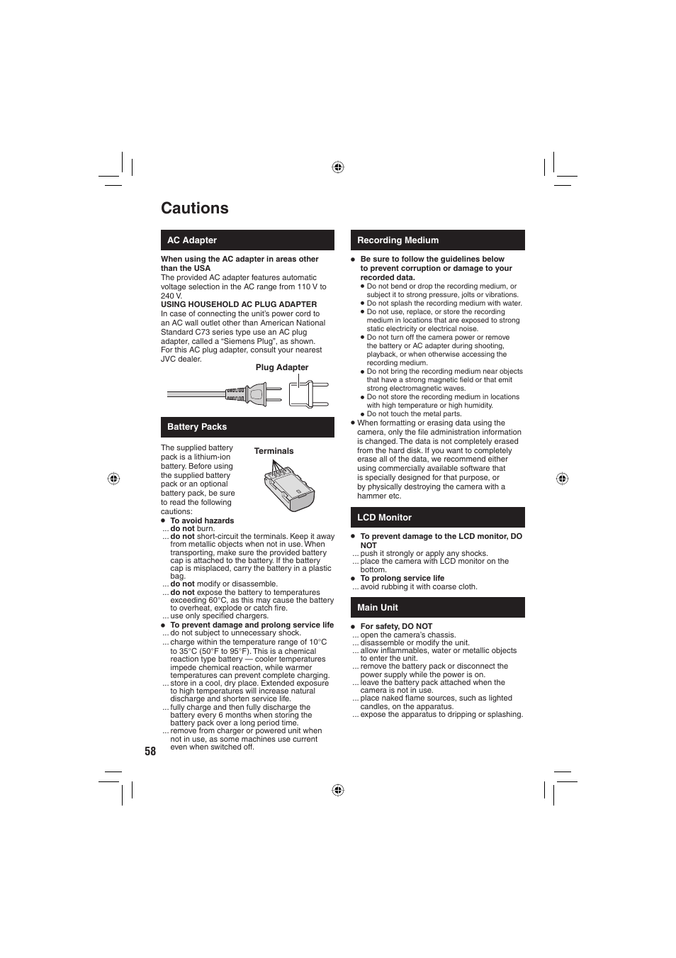 Cautions | JVC Everio GZ-MG255U User Manual | Page 58 / 60