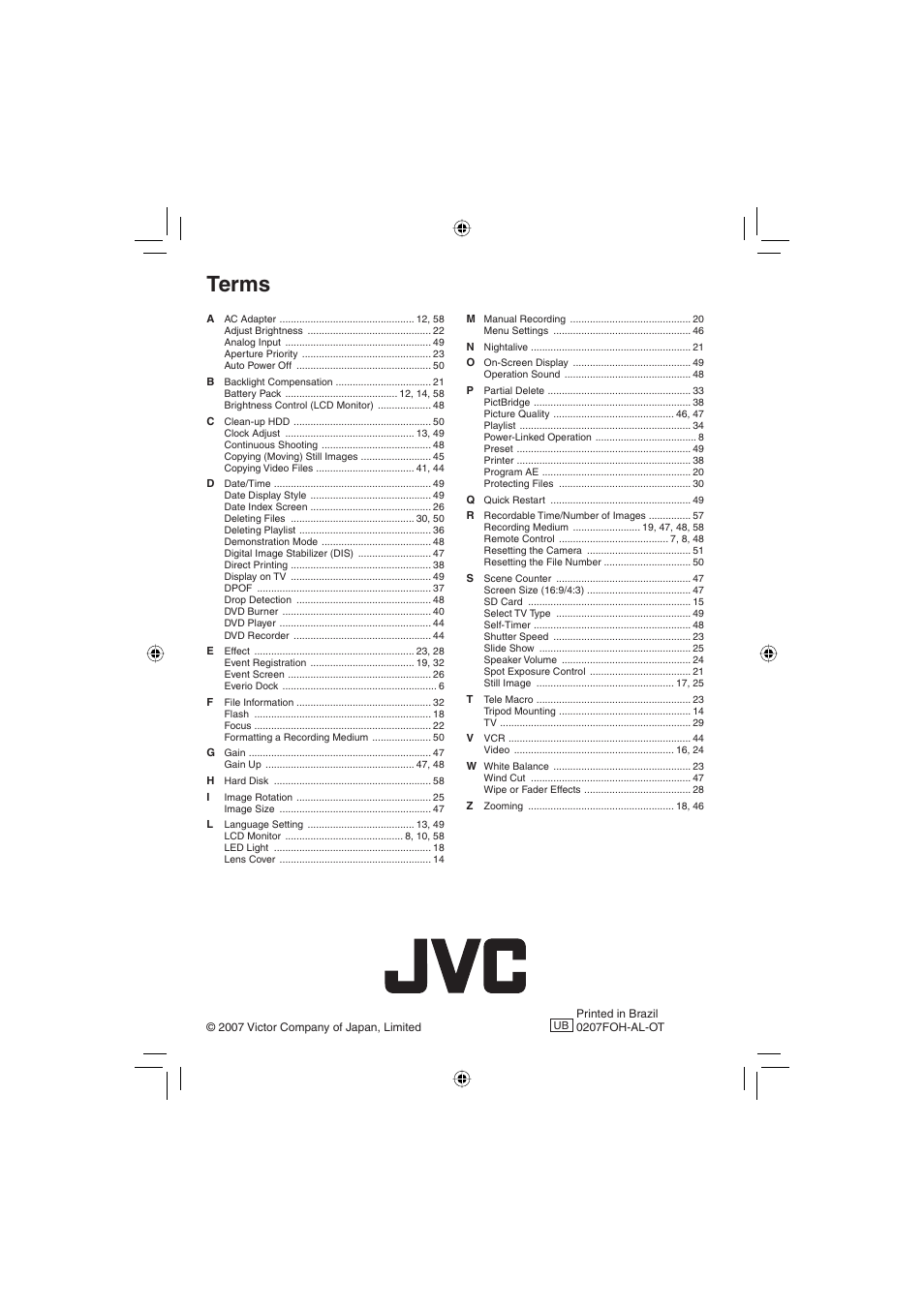 Terms | JVC Everio GZ-MG255U User Manual | Page 60 / 60