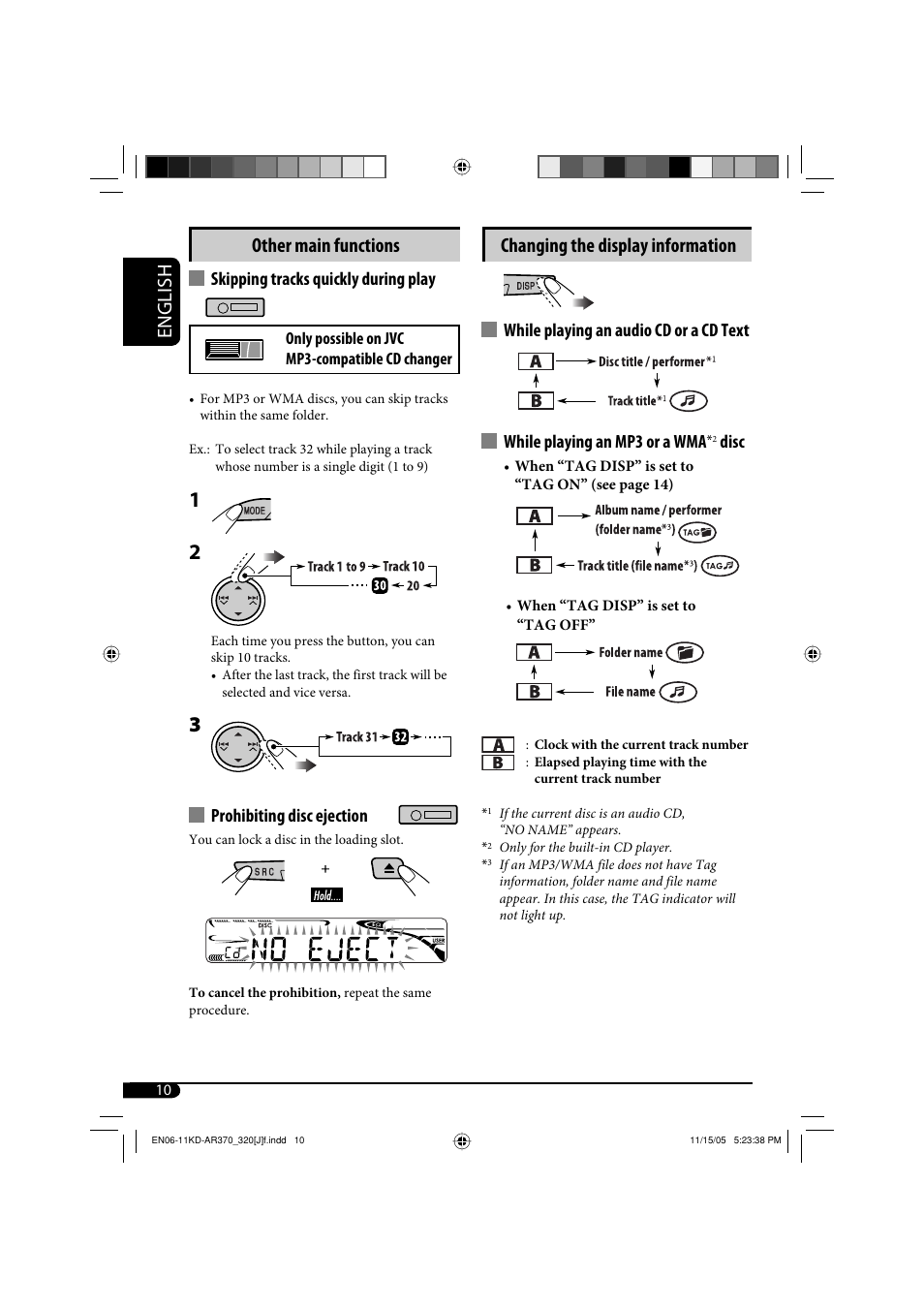 English changing the display information, Other main functions, Disc | Skipping tracks quickly during play, Prohibiting disc ejection | JVC KD-G320 User Manual | Page 10 / 230