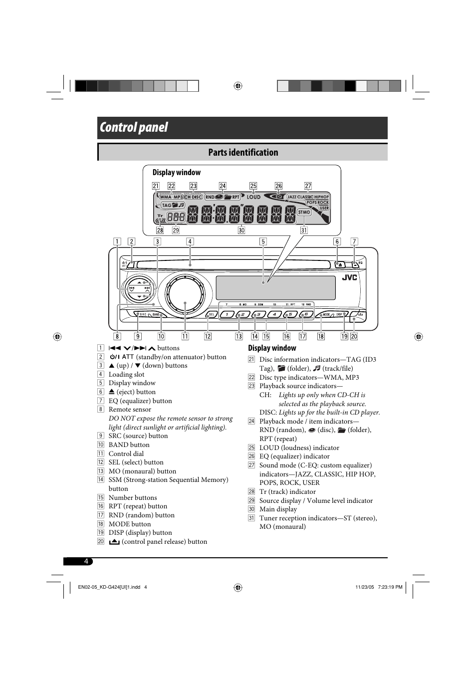 Control panel, Parts identification | JVC KD-G320 User Manual | Page 100 / 230