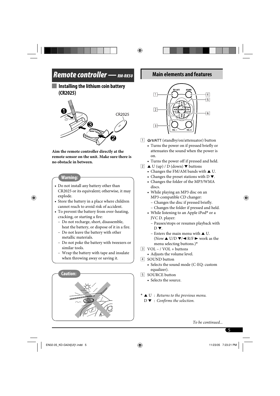 Remote controller, Main elements and features, Installing the lithium coin battery (cr2025) | JVC KD-G320 User Manual | Page 101 / 230