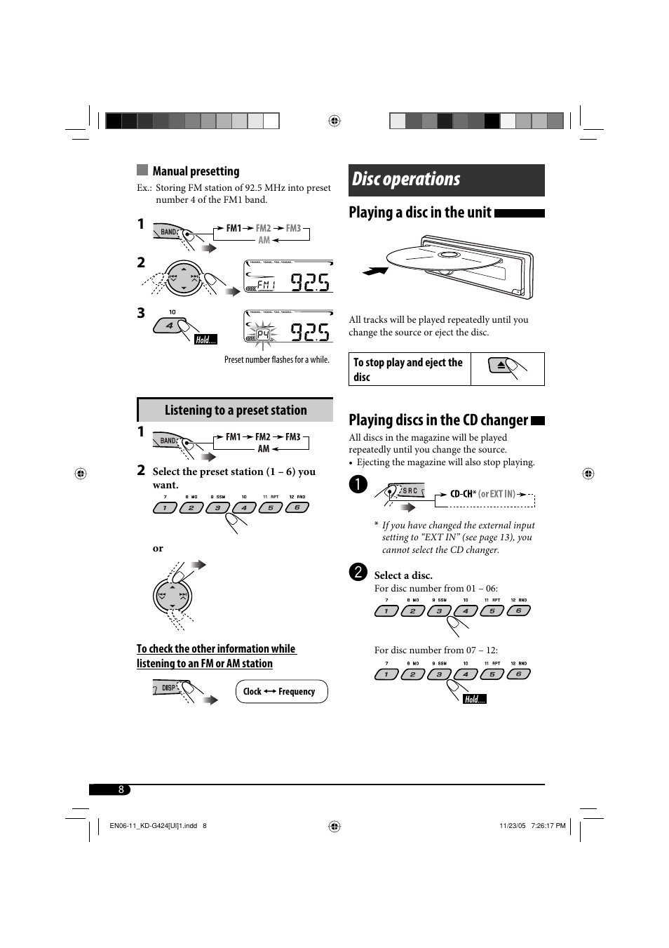 Disc operations, Playing a disc in the unit, Playing discs in the cd changer | JVC KD-G320 User Manual | Page 104 / 230