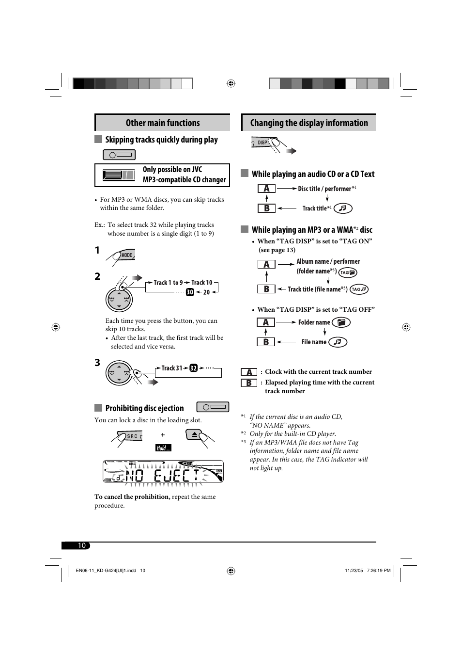 Other main functions, Changing the display information, Skipping tracks quickly during play | Prohibiting disc ejection, Disc | JVC KD-G320 User Manual | Page 106 / 230