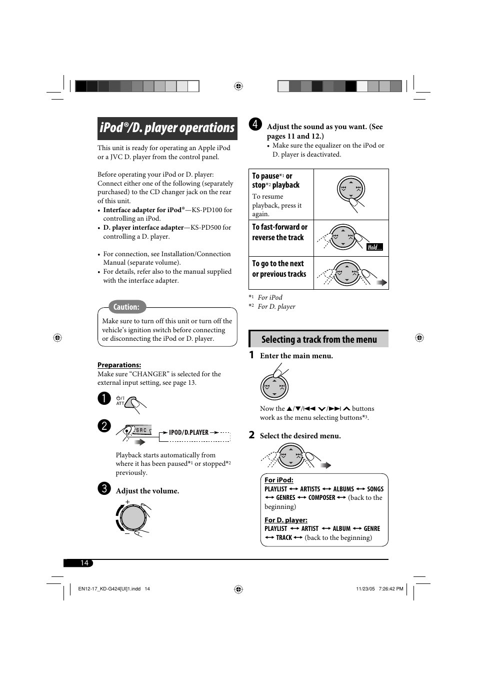 Ipodr/d. player operations, Ipod®/d. player operations, Selecting a track from the menu | JVC KD-G320 User Manual | Page 110 / 230