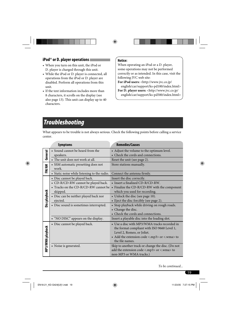 Troubleshooting, Ipod, Or d. player operations | JVC KD-G320 User Manual | Page 115 / 230
