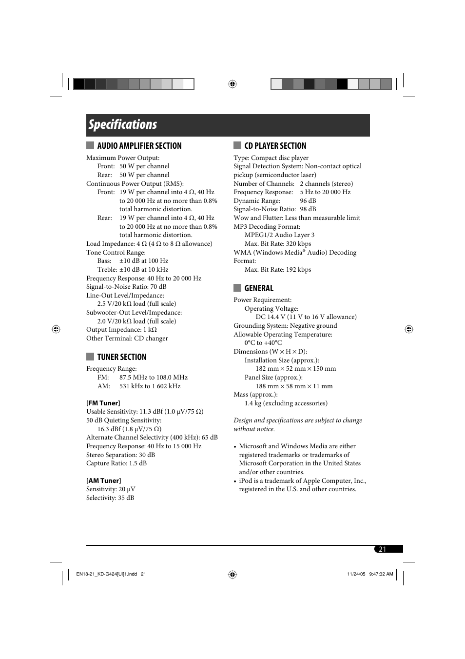 Specifications, General | JVC KD-G320 User Manual | Page 117 / 230